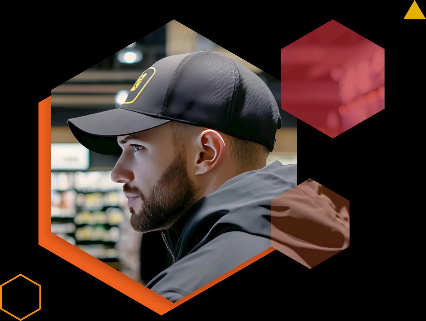 A security officer in a cap on a shop floor, framed in a hexagon beside crimson and amber hexagons.
