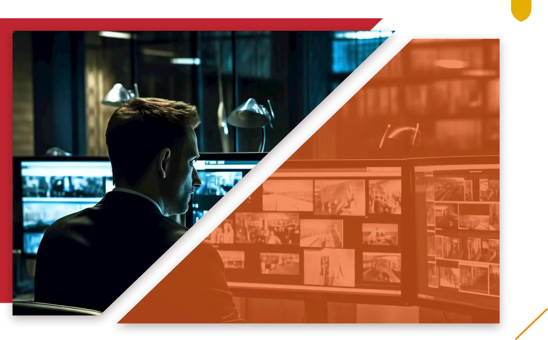 A security officer at a bank of monitors, the picture split on the diagonal with a flame-orange half.