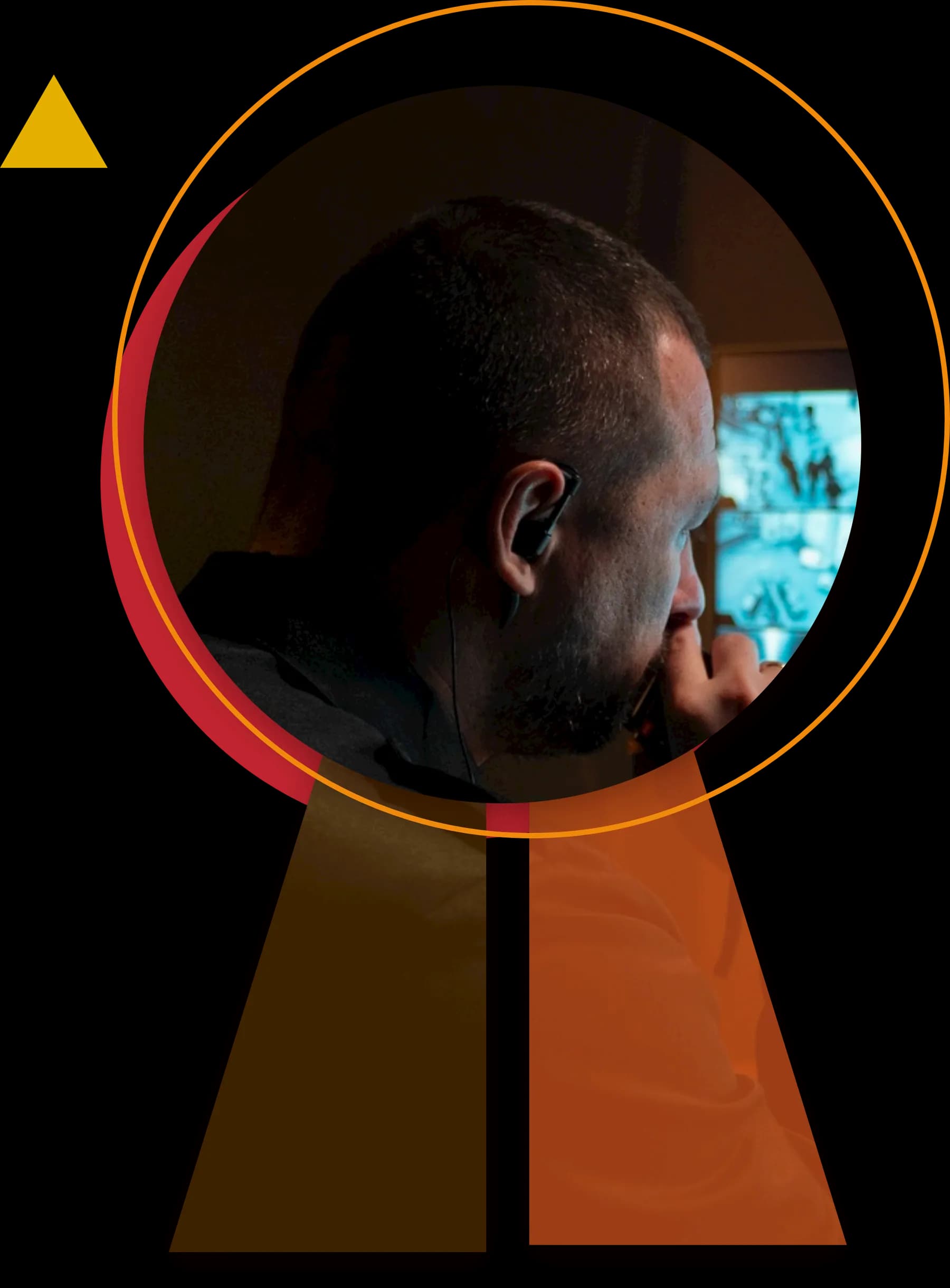A control room officer watching the screens, framed in a keyhole of crimson and amber.