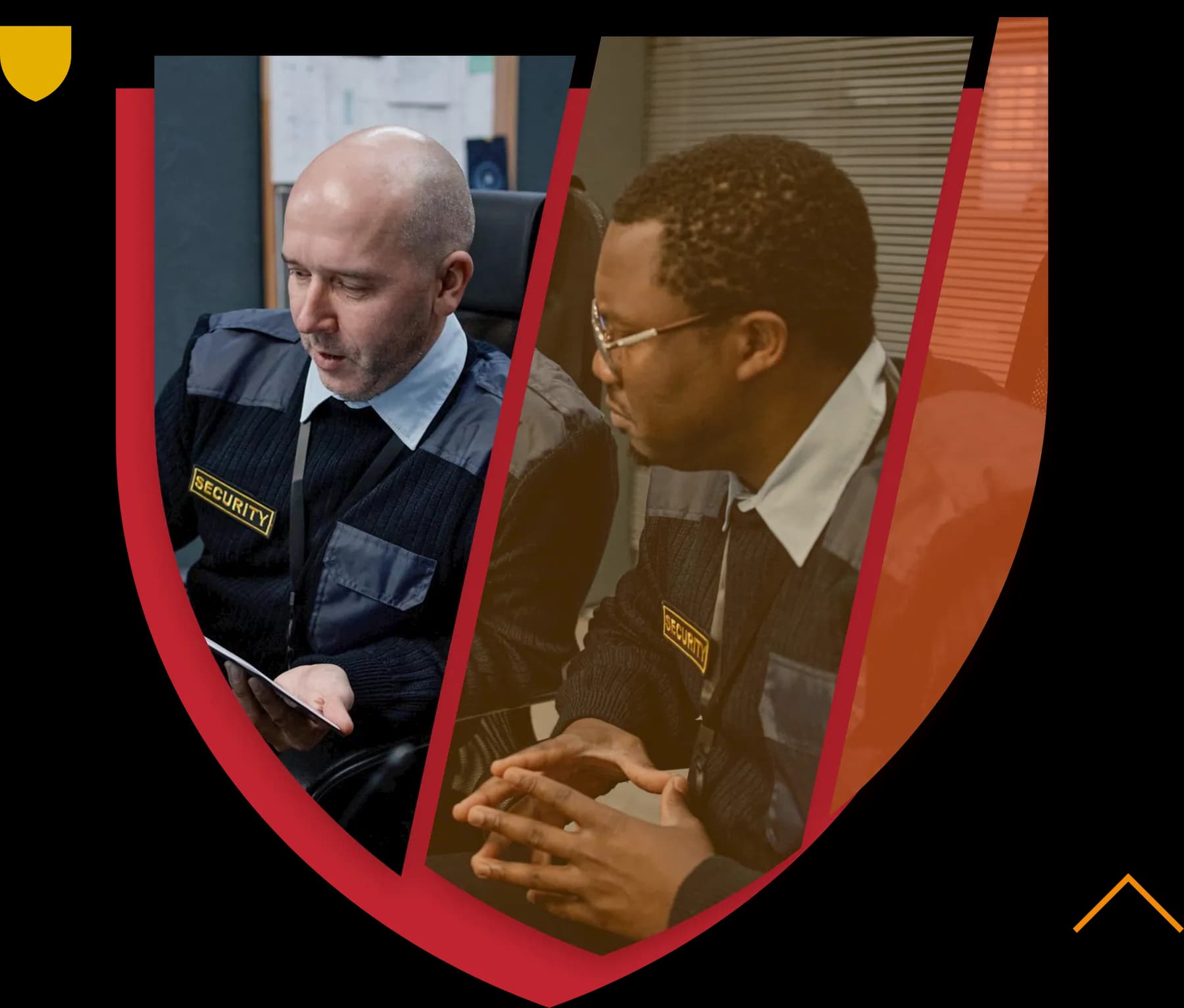 Two security officers in uniform talk over a tablet at a desk, framed in the shape of the Rhema shield.