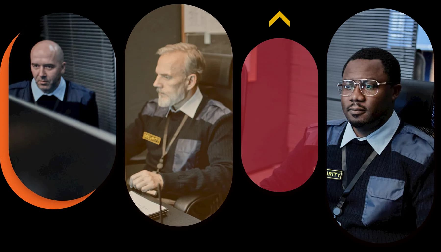 Three security officers in uniform at work, each framed in a tall rounded capsule beside a crimson one.