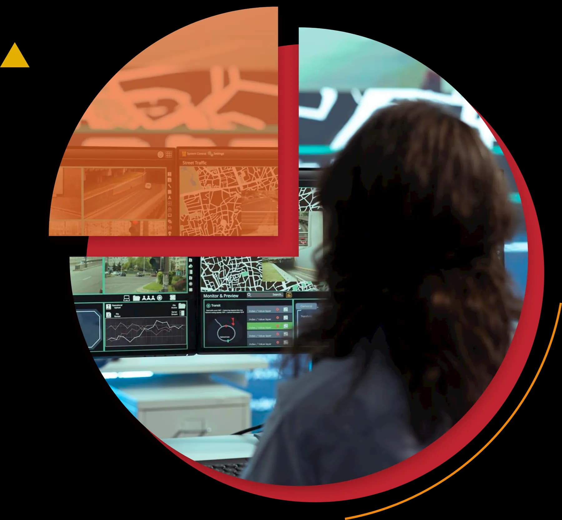 An operator at a desk of monitors in a control room, framed in a circle with a crimson orbit.
